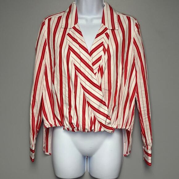 Harshman Tops - Anthropologie by Harshman Red‎ Striped Surplice Blouse Faux Wrap Womens Sz XS